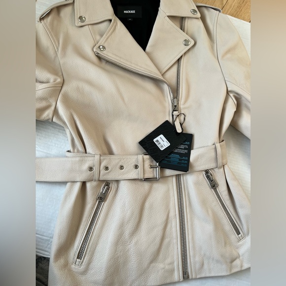 $1290 Mackage Womens SABINA Leather Biker Jacket with Cinch Belt  Cream - Picture 6 of 8